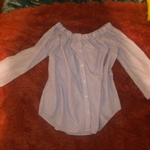 Striped Off The Shoulder Button Up Shirt - Picture 1 of 4